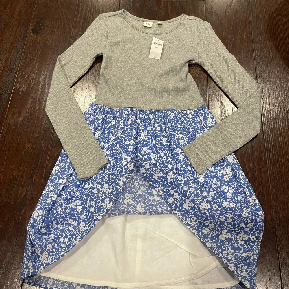 Gap Kids Girls Knit/Woven Dress, Grey Thermal Top Blue Floral Bottom Size 10 NEW